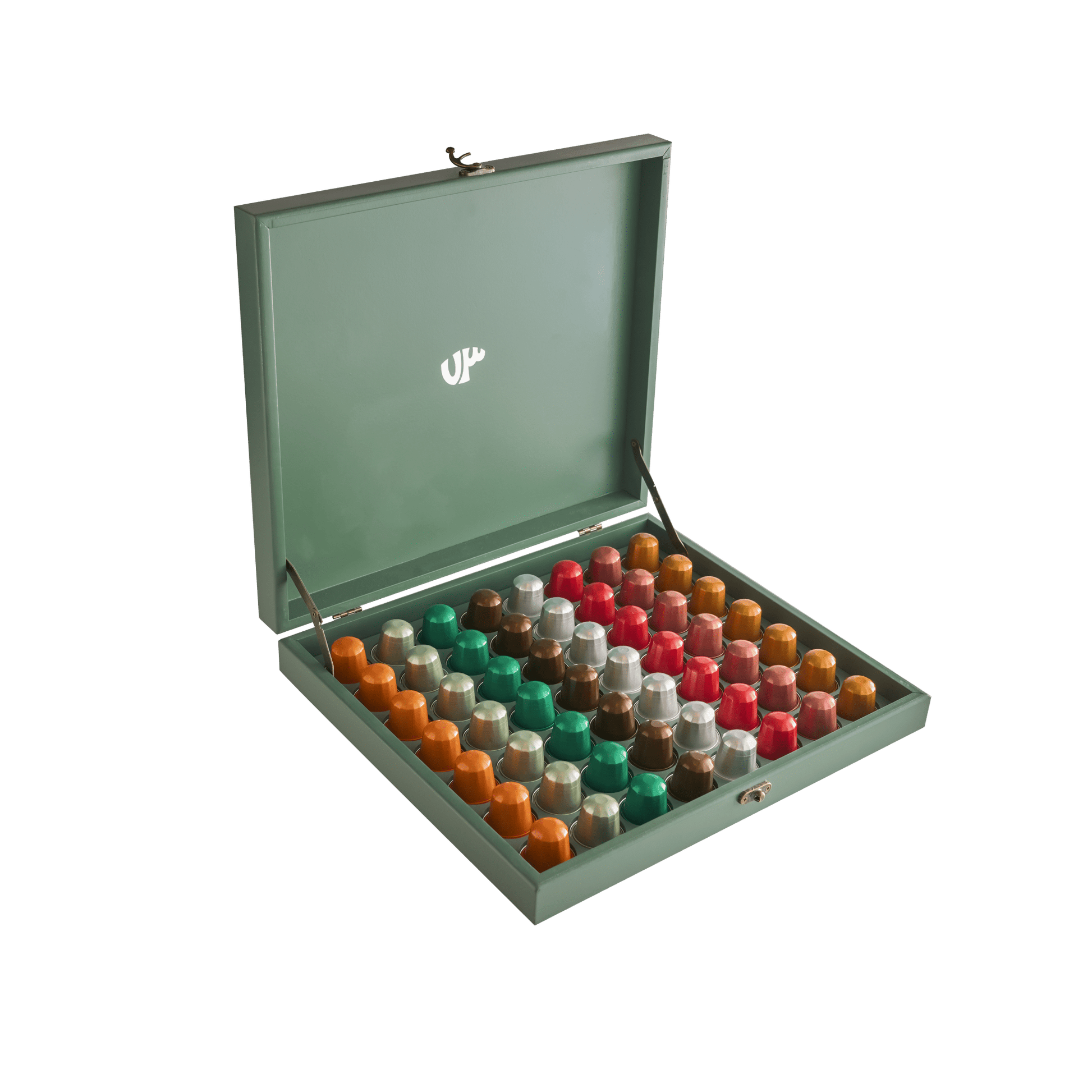 73 by Al Ameed Levant Wooden Assortment Box, featuring brand patterns for organizing coffee accessories